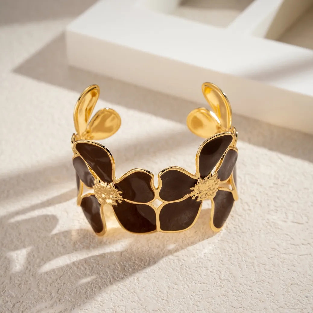 Justerbart Armband i Guld med Blommönster i Marmor och Rostfritt Stål: Beige
