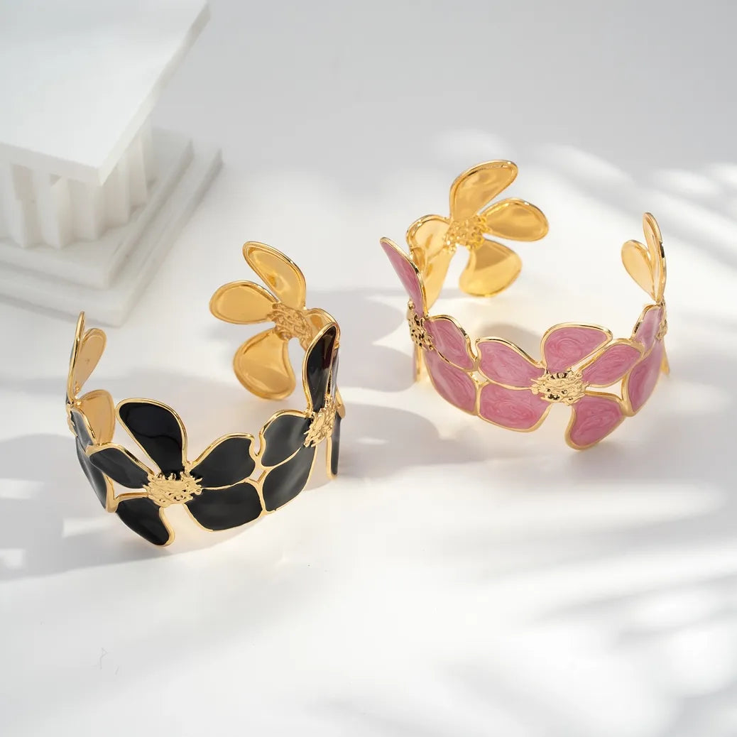 Justerbart Armband i Guld med Blommönster i Marmor och Rostfritt Stål: Rose