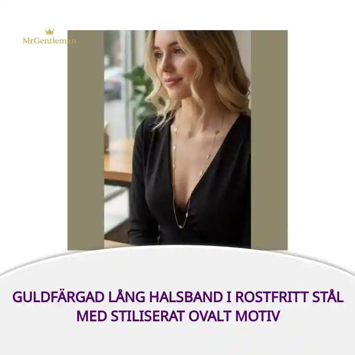 Guldf&auml;rgad l&aring;ng halsband i rostfritt st&aring;l med stiliserat ovalt motiv by@Outfy